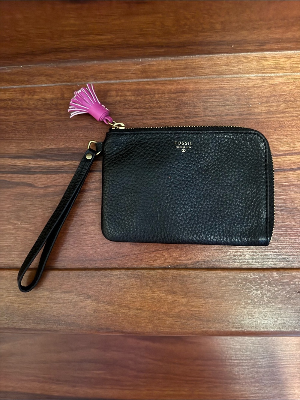 Fossil Black Leather Wristlet with Pink Tassel Accent